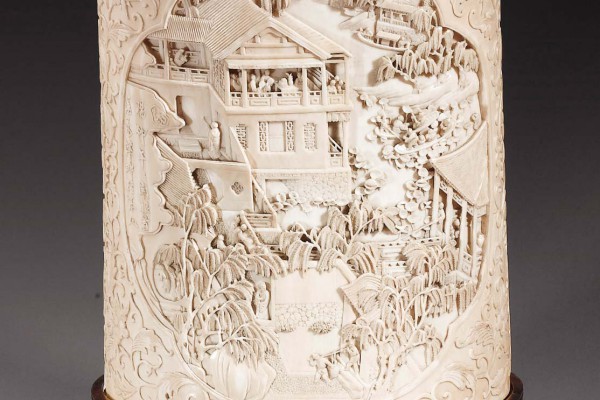 Pot à pinceaux ivoire sculpté Chine Dynastie Qing